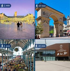 um grupo de três fotos de uma cidade com um edifício em Le charme Dubois em Dijon