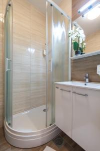 a bathroom with a shower and a sink at Hotel Pri mostu in Dolenjske Toplice