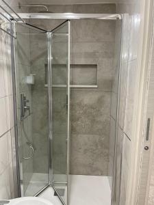 een douche met een glazen deur in de badkamer bij B&B di Kekka in Napels