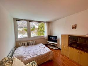 um quarto com uma cama, uma televisão e uma janela em Piancavallo Panoramica em Piancavallo
