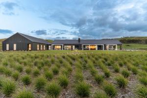 a black house with a field in front of it at Te Karaka Lodge in Port Waikato