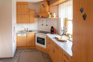 eine kleine Küche mit Holzschränken und einem Waschbecken in der Unterkunft dastraunseehaus in Traunkirchen