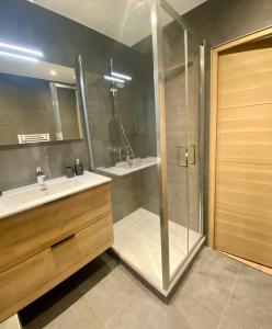 a bathroom with a shower and a sink at Appartement rénové T2, vue montagne in Samoëns