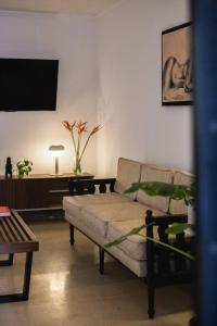 sala de estar con sofá y TV en Architect’s tropical apt with beautifull garden en Panamá