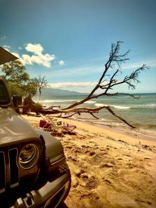 un coche aparcado en una playa cerca del océano en Embark on a journey through Maui with Aloha Glamp's jeep and rooftop tent allows you to discover diverse campgrounds, unveiling the island's beauty from unique perspectives each day en Paia