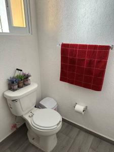 a bathroom with a white toilet and a red towel at Depa Meraki More in Morelia