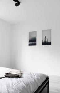 um quarto branco com três fotografias na parede em Cozy Bamberg City Apartment em Bamberg