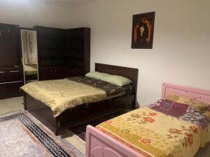 a bedroom with two beds and a mirror at Lovely flat in the heart of Korca #7 in Korçë