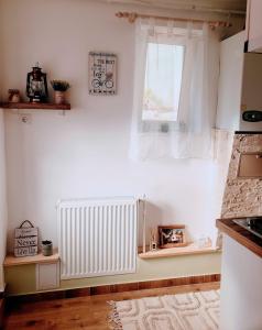 a kitchen with a radiator and a window at Cosy Studio-House with Terrace in Târgu-Mureş