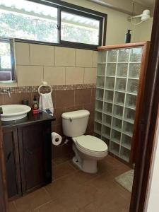 baño con aseo y lavabo y ventana en Asis wildlife sanctuary apartment 30 min from La Fortuna, en Jabillos