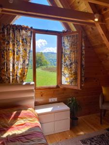 ein Schlafzimmer mit einem großen Fenster in einer Hütte in der Unterkunft Blue Village 8 in Kolašin