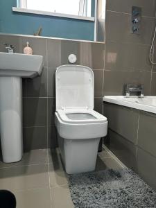 a bathroom with a white toilet and a sink at Cosy and Unique Bedroom In Gateshead in Sheriff Hill