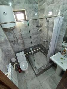 uma casa de banho com um chuveiro, um WC e um lavatório. em 4 Seasons em Karakol