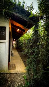 an entrance to a house with a porch and a building at Cabinas Tropicales in Puerto Jiménez