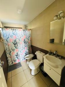 a bathroom with a toilet and a sink and a shower curtain at Sarratea Guest in Godoy Cruz