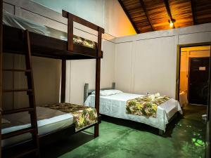 a bedroom with two bunk beds and a ladder at Cabinas Tropicales in Puerto Jiménez