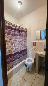 a bathroom with a toilet and a purple shower curtain at Natz Hotel in Flores