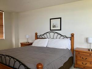 Säng eller sängar i ett rum på Pavilion Beach Front Apartment with Balcony