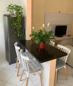 una mesa negra con sillas y una planta en ella en Casa charmosa pertinho do mar, en Bertioga