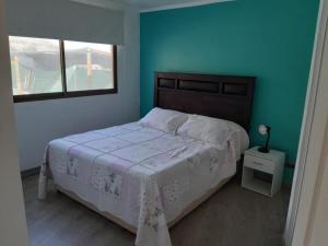 a bedroom with a bed and a blue wall at DIAGUITAS, VICUÑA, VALLE DEL ELQUI in Diaguita