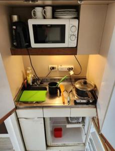 a small kitchen with a sink and a microwave at Casa Cúpulas de la Ciudad in Buenos Aires