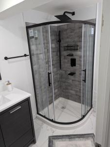 a shower in a bathroom with a sink at House of Pleasantness in Hamilton