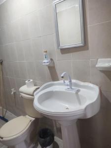 ein Badezimmer mit einem Waschbecken, einem WC und einem Spiegel in der Unterkunft Departamento en Campeche estación del tren maya in Campeche