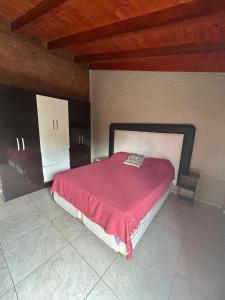 sypialnia z łóżkiem z czerwonym kocem w obiekcie Ohana Apartments (solo familias) w mieście Villa Carlos Paz