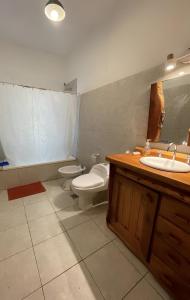 La salle de bains est pourvue de toilettes, d'un lavabo et de toilettes. dans l'établissement Cabaña Inti Mampa, à Casa Grande