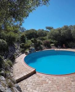 a swimming pool in a landscaping with a stone walkway around it at Terrazas del Venado in La Cumbre
