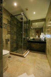 e bagno con doccia, servizi igienici e lavandino. di Sky Pyramids View Inn a Il Cairo