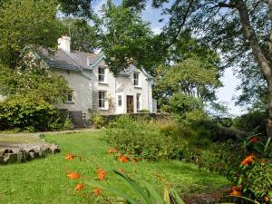 a white house with a yard with flowers at Carreg Yr Eos - Cottage in Fishguard