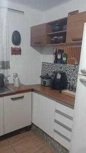 kuchnia z białymi szafkami i drewnianym blatem w obiekcie Casa sambaqui w mieście Florianópolis