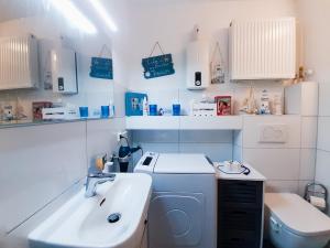 ein Badezimmer mit einem Waschbecken und einer Waschmaschine in der Unterkunft Goethes Haus in Göttingen