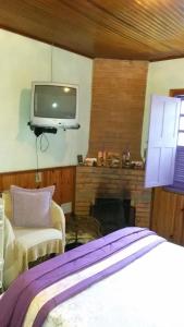a bedroom with a fireplace and a tv on the wall at Chales Joia Rara Dos Gnomos in Visconde De Maua