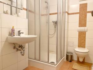La salle de bains est pourvue d'une douche, d'un lavabo et de toilettes. dans l'établissement Stralsund - Haus Gohr, Quartier 3, à Stralsund