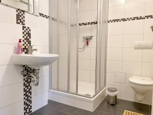 Stralsund - Haus Gohr, Quartier 1 في شترالزوند: حمام مع دش ومغسلة ومرحاض