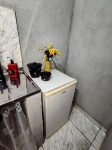 - une salle de bains avec un vase de fleurs sur un meuble dans l'établissement Solar palmer 6, à Cabo Frio