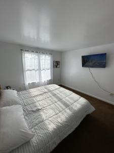 Cheerful Two Bedroom Central Location Downtown في بالتيمور: غرفة نوم بيضاء مع سرير كبير ونافذة