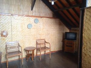 a room with two chairs and a table and a tv at Yoschi's Hotel Bromo in Ngadisari