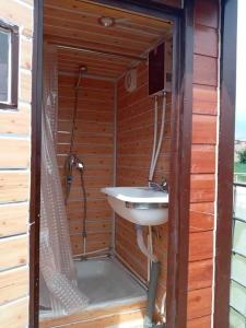 ein Badezimmer mit einem Waschbecken in einer Holzwand in der Unterkunft Khyargas Khuh Bukh in Tsalgar