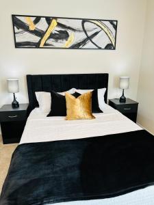 a bedroom with a large bed with black and gold pillows at Modern apt-King bed-Free parking-Wi-fi in Brownsville