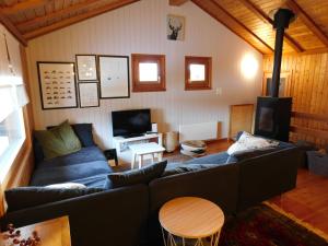 Una sala de estar con un sofá azul y un televisor. en Chalet Bortergade, en Bellwald