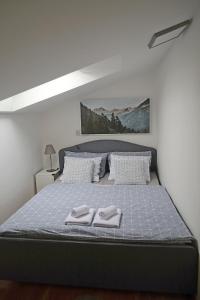 1 dormitorio con 1 cama con 2 toallas en Apartmán Hopi Hopi Svoboda nad Úpou, en Svoboda nad Úpou