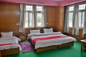 HOTEL TAWANG HOLIDAY Tawang في تاوانج: سريرين في غرفة ذات أرضيات خضراء ونوافذ
