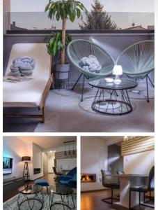 duas fotografias de um quarto com uma cama e uma mesa em Villa Kap em Zagreb