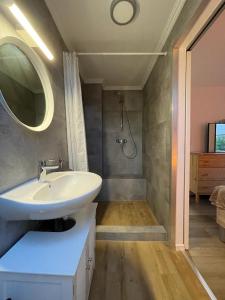 a bathroom with a white sink and a shower at Apart-Offizier in Stick
