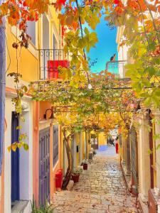 an alley in an old town with colorful trees at Kali Strata 2 - Downtown in Symi