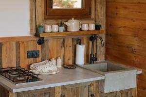 una cocina con fregadero y estufa en Rustic Cabin Zlatibor, en Ribnica 14 fotos más