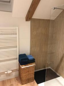 een badkamer met een douche en blauwe handdoeken op een mand bij Spa-Francorchamps / Jahlay Maison 6p de caractère in Jalhay